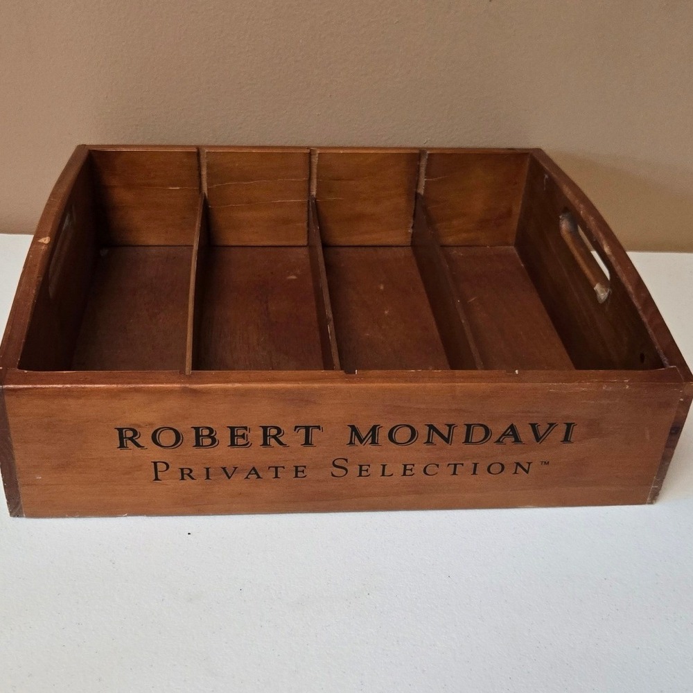 Robert Mondavi Private Selection Wood Wine Crate 4 Bottle Dividers Handles 19"